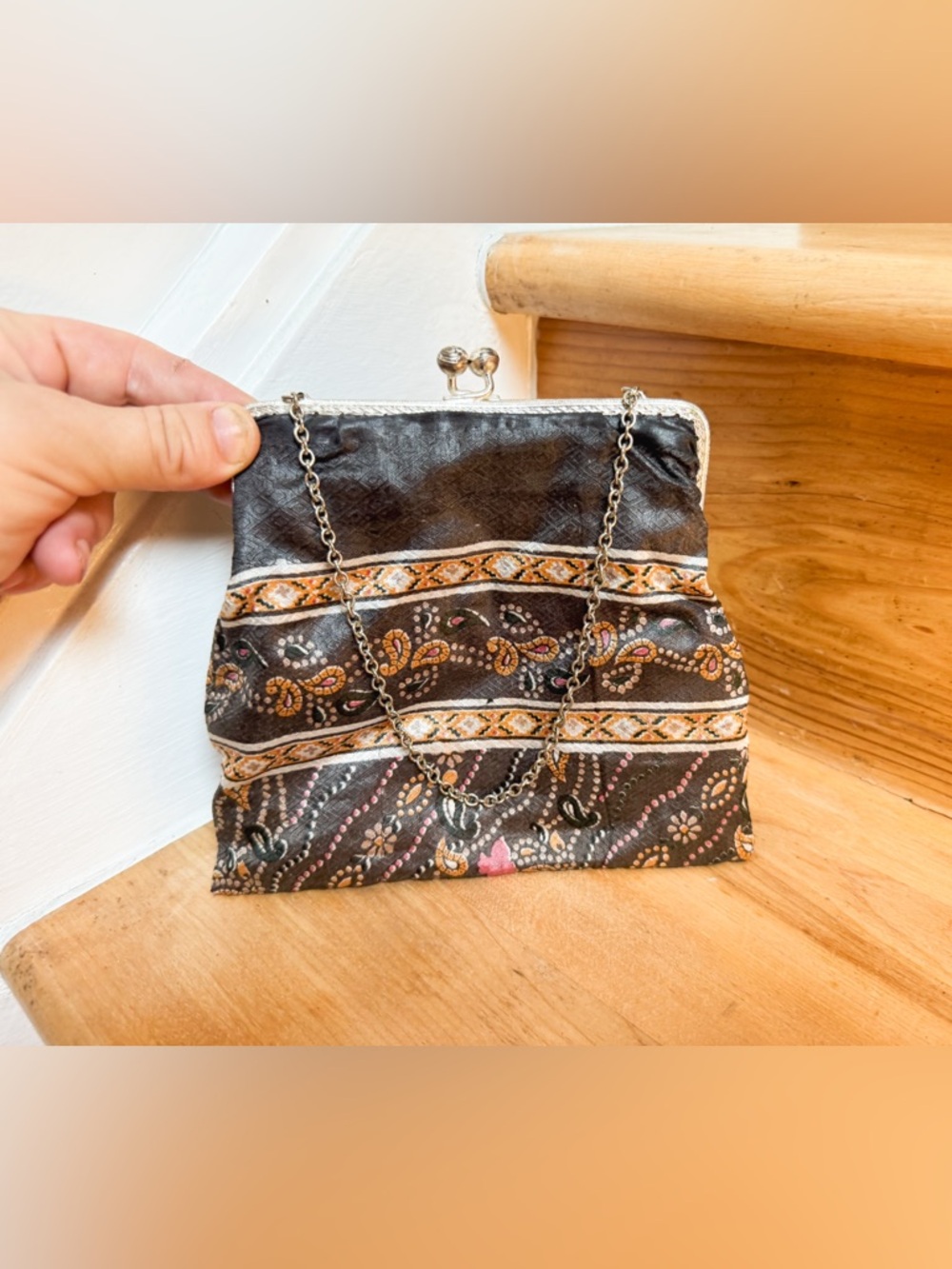 Vintage Black Patterned Chain-Handle Evening Bag